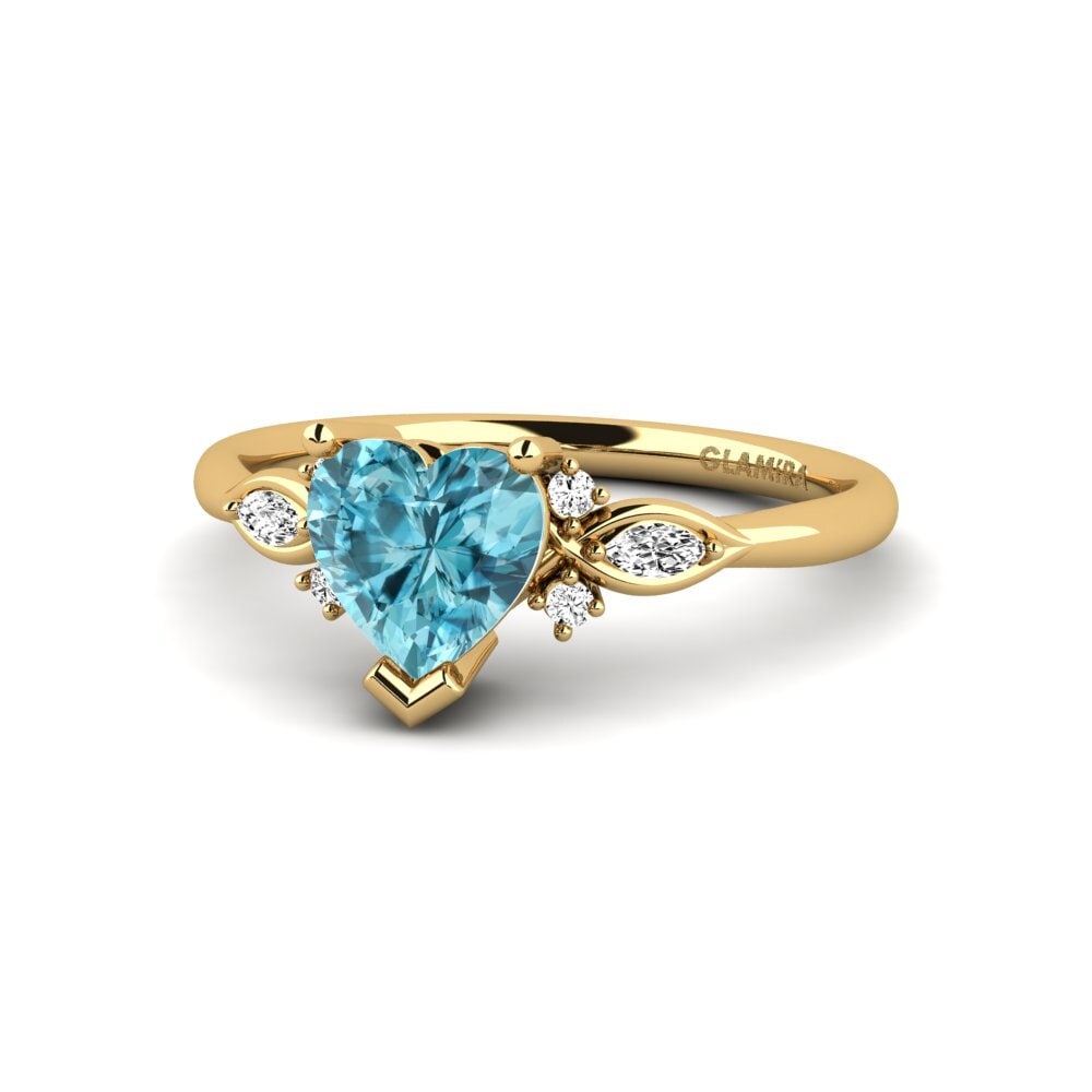 14k Oro Amarillo Circón Azul Anillo de compromiso Gisu - Heart 0.97 crt