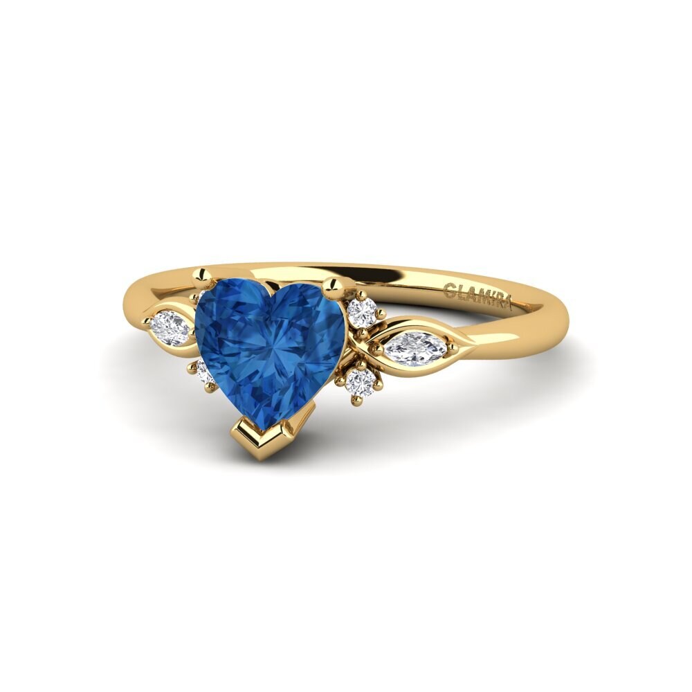 14k Oro Amarillo Circonita Azul Oscuro Anillo de compromiso Gisu - Heart 0.97 crt