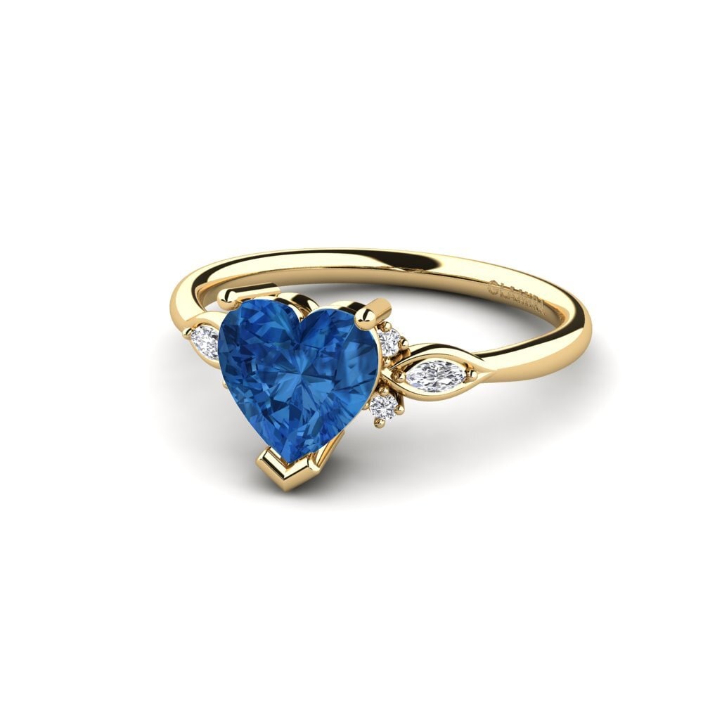 14k Oro Amarillo Circonita Azul Oscuro Anillo de compromiso Gisu - Heart 1.50 crt