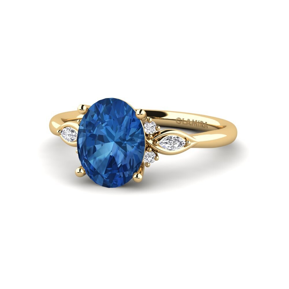 14k Oro Amarillo Circonita Azul Oscuro Anillo de compromiso Gisu - Oval 1.62 crt