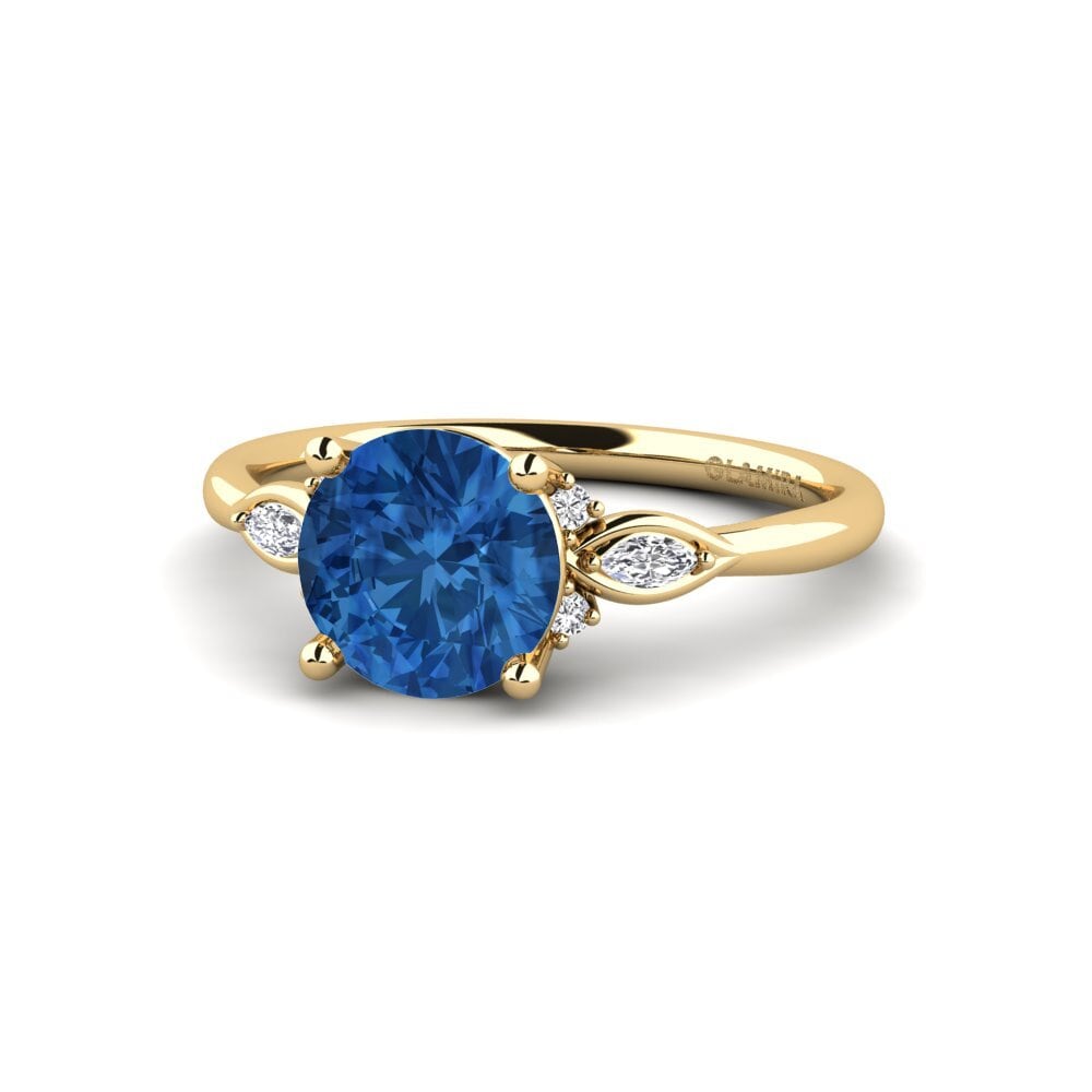 14k Oro Amarillo Circonita Azul Oscuro Anillo de compromiso Gisu - Round 1.6 crt
