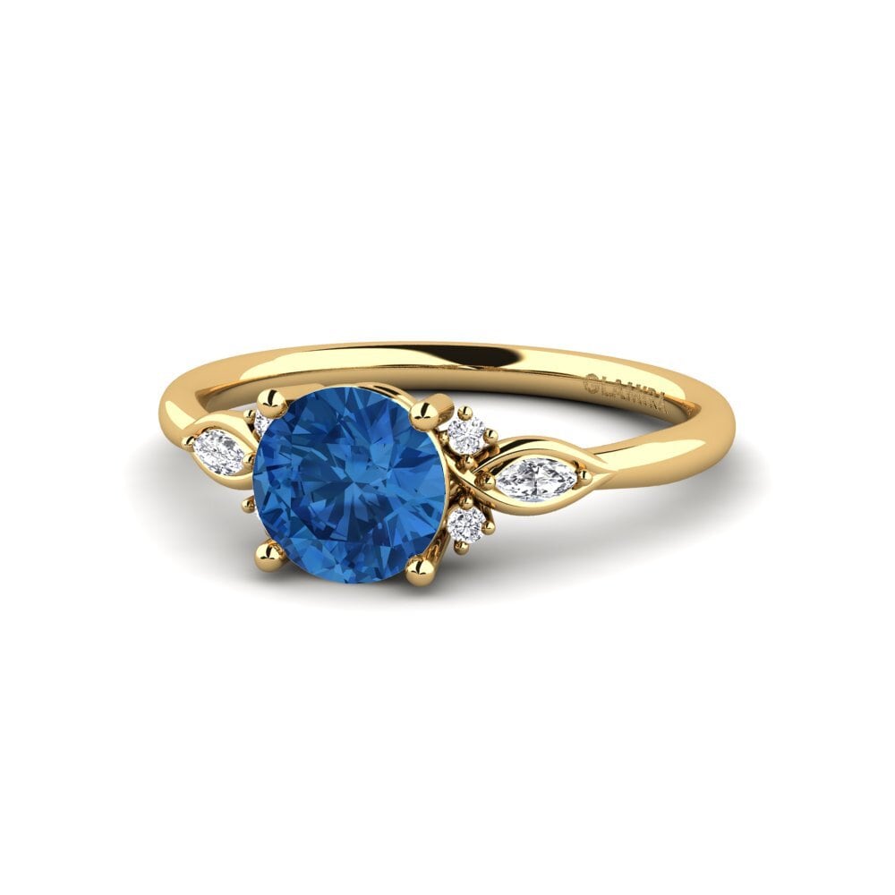 14k Oro Amarillo Circonita Azul Oscuro Anillo de compromiso Gisu - Round 1.0 crt