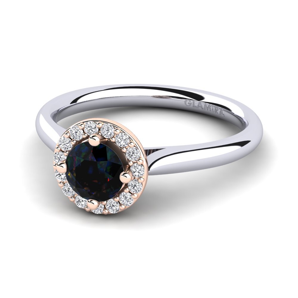 Halo Black Opal 14ct White & Rose Gold Engagement Rings
