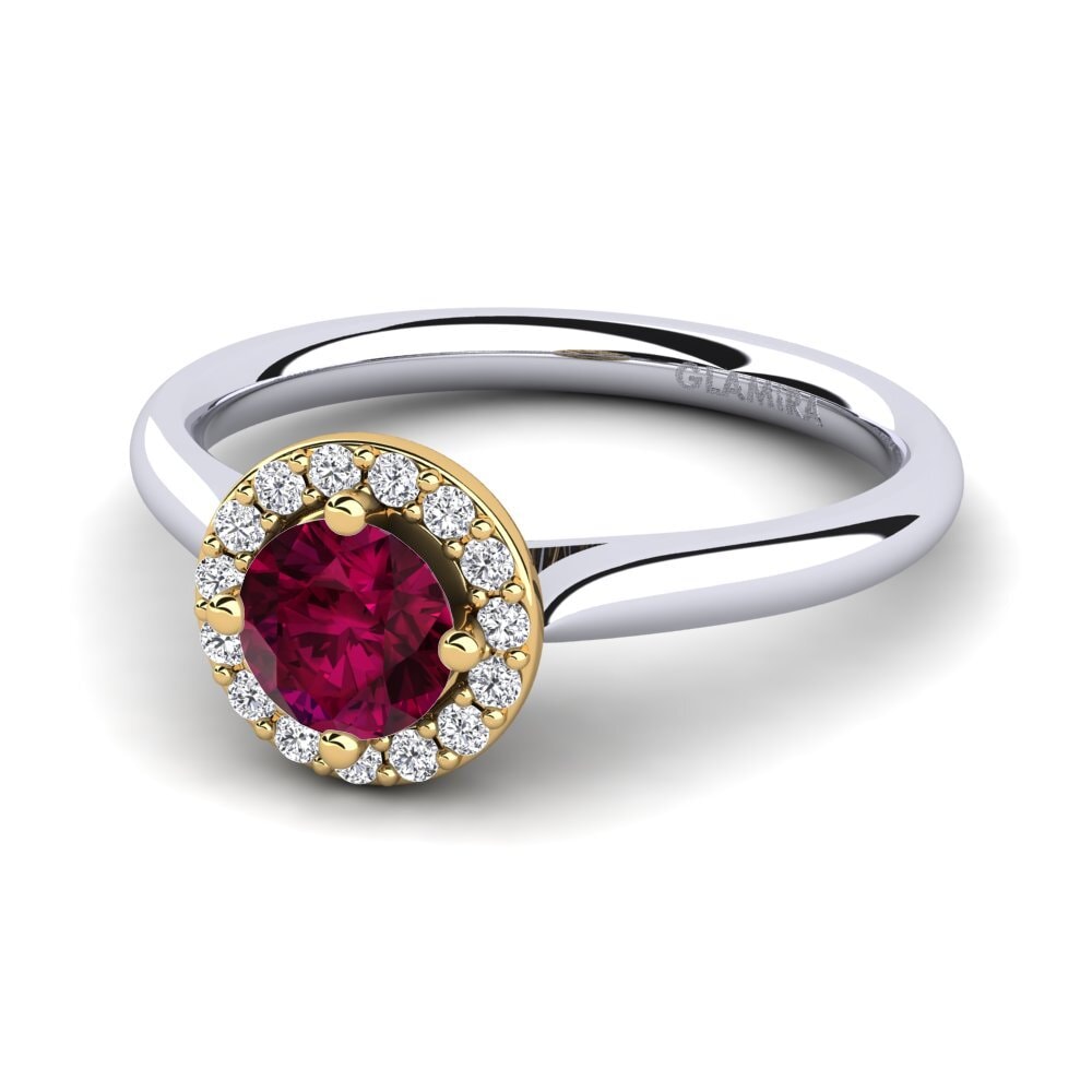 Nhẫn Đính hôn Vàng Trắng-Vàng 9K Đá Rhodolite Halo