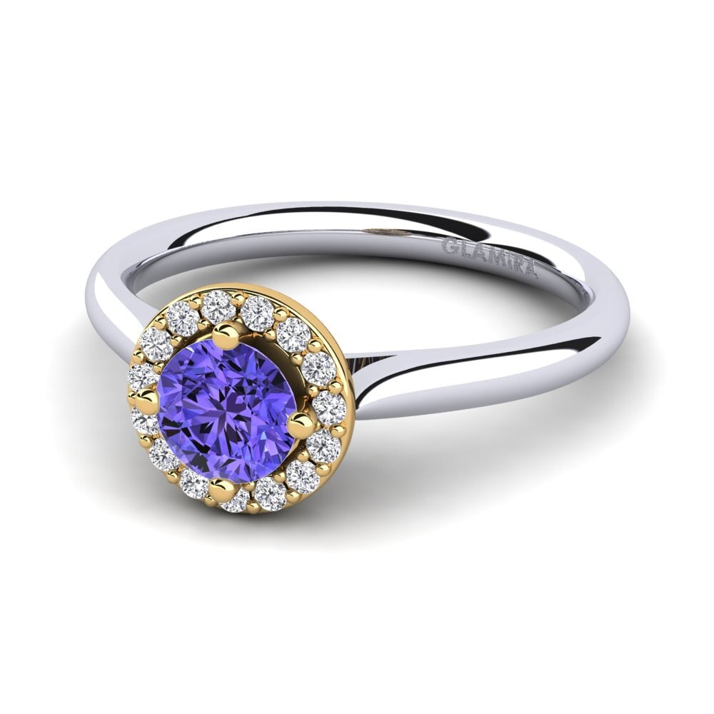 Halo Tanzanite 14ct White & Yellow Gold Engagement Rings