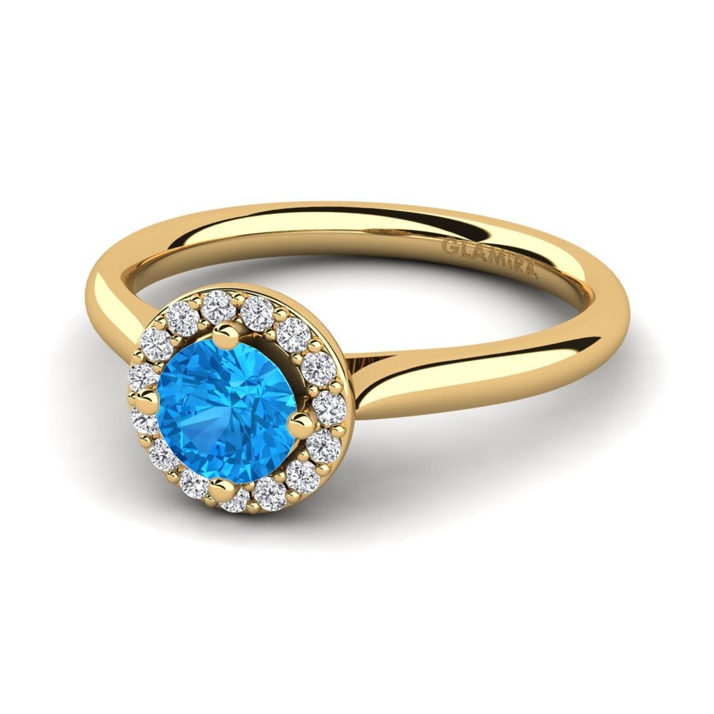 Halo Blue Topaz 9ct Yellow Gold Rings
