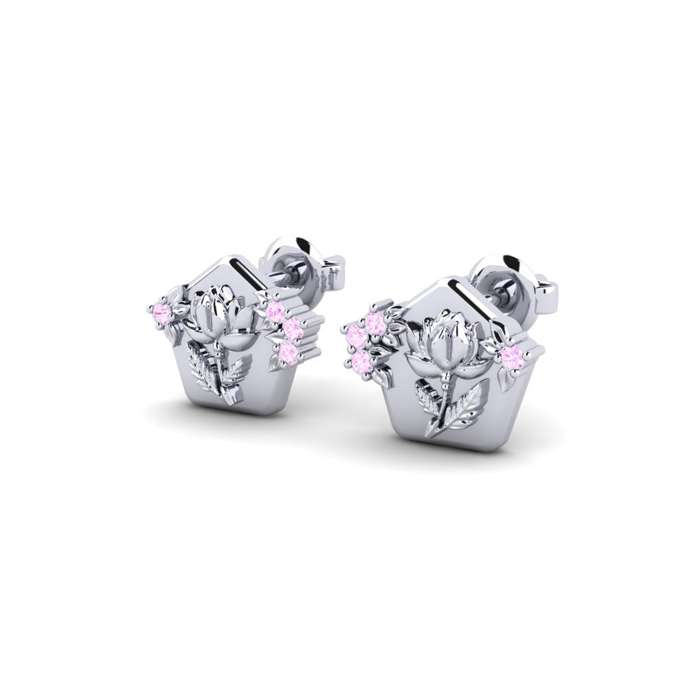 14k Oro Blanco Redondo Zafiro Rosado Pendiente de mujer Petalum