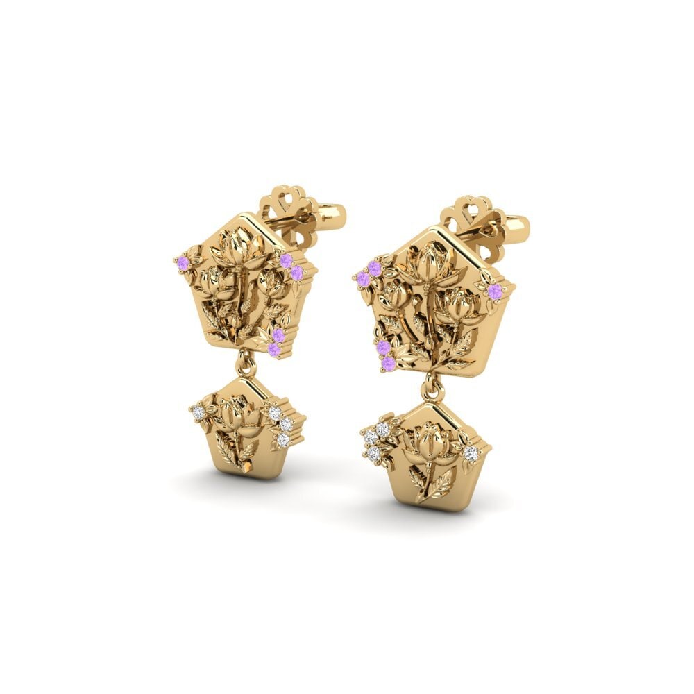 14ct Yellow Gold Round Amethyst Women's Earring Quimera