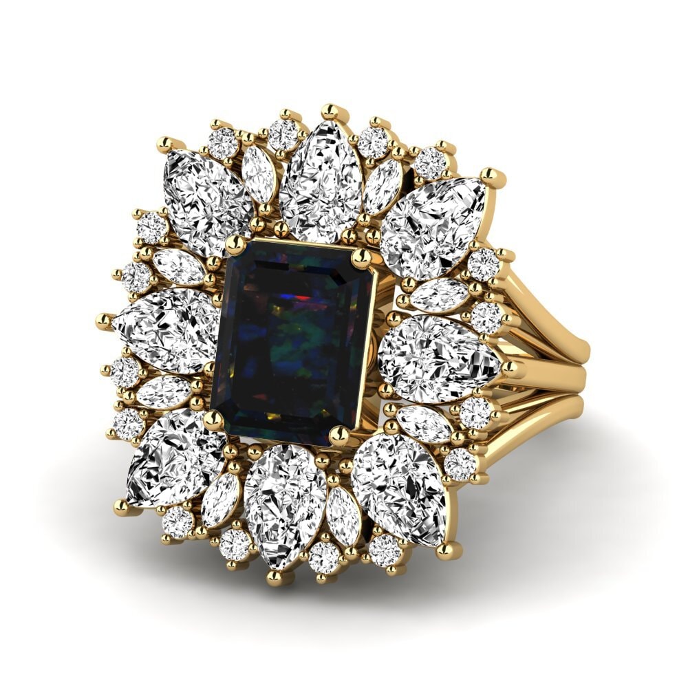 18k Oro Amarillo Opalo Negro Anillo de compromiso Bollin