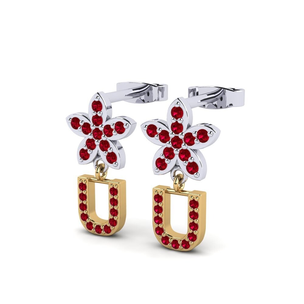 18k Oro Blanco & Amarillo Circonita Roja Pendiente de mujer Miori U