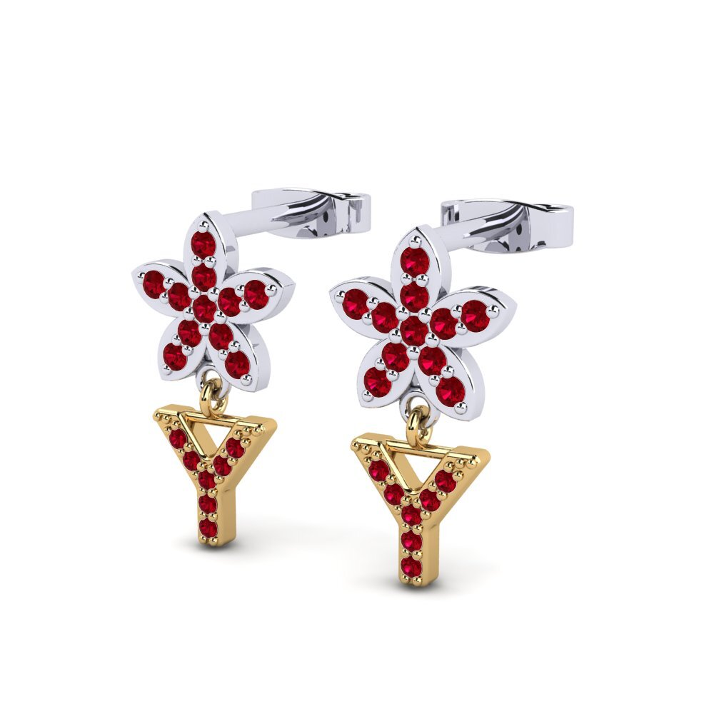 18k Oro Blanco & Amarillo Circonita Roja Pendiente de mujer Miori Y