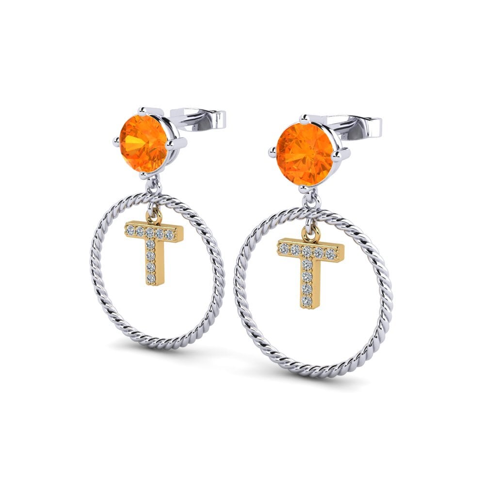 9k Oro Blanco & Amarillo Zafiro Naranja Pendiente de mujer Noss T