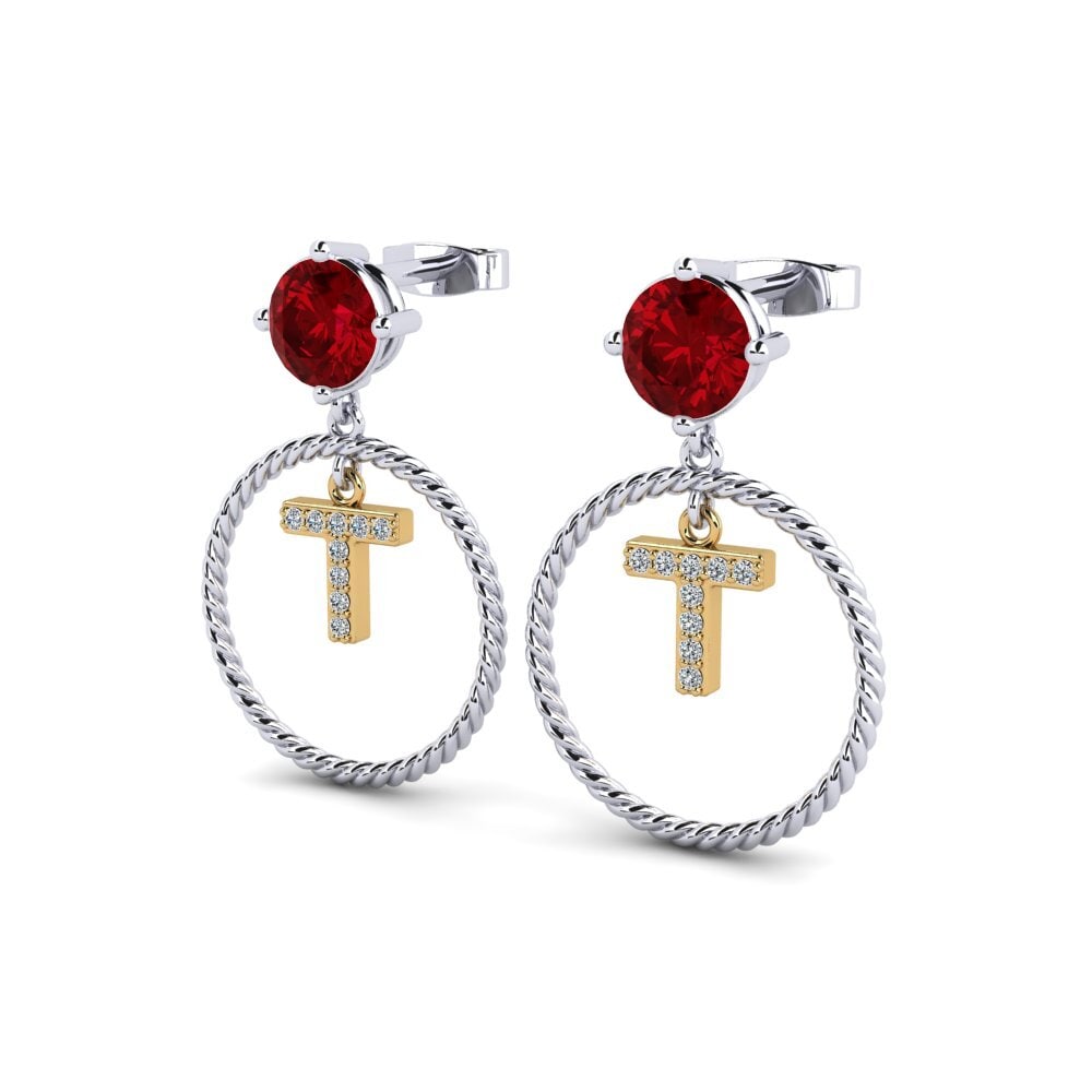 18k Oro Blanco & Amarillo Circonita Roja Pendiente de mujer Noss T