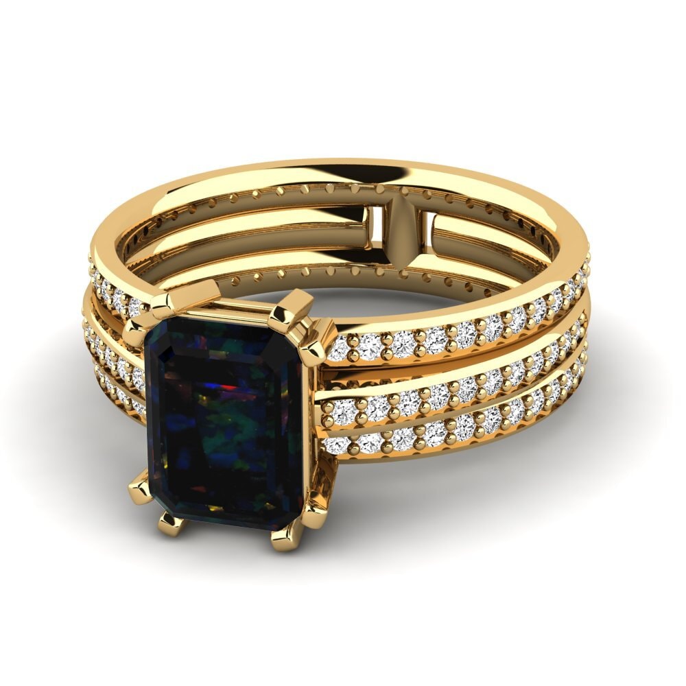 18k Oro Amarillo Opalo Negro Anillo de compromiso Precoce