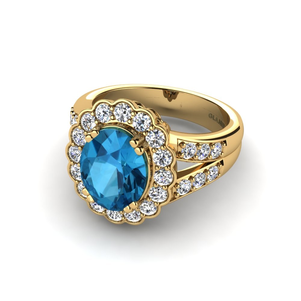 9k Oro Amarillo Topacio azul Anillo de compromiso Esther