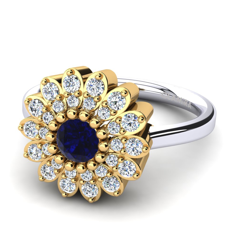 Bagues Or Jaune & Blanc 18k Zircone Bleu Foncé Floral