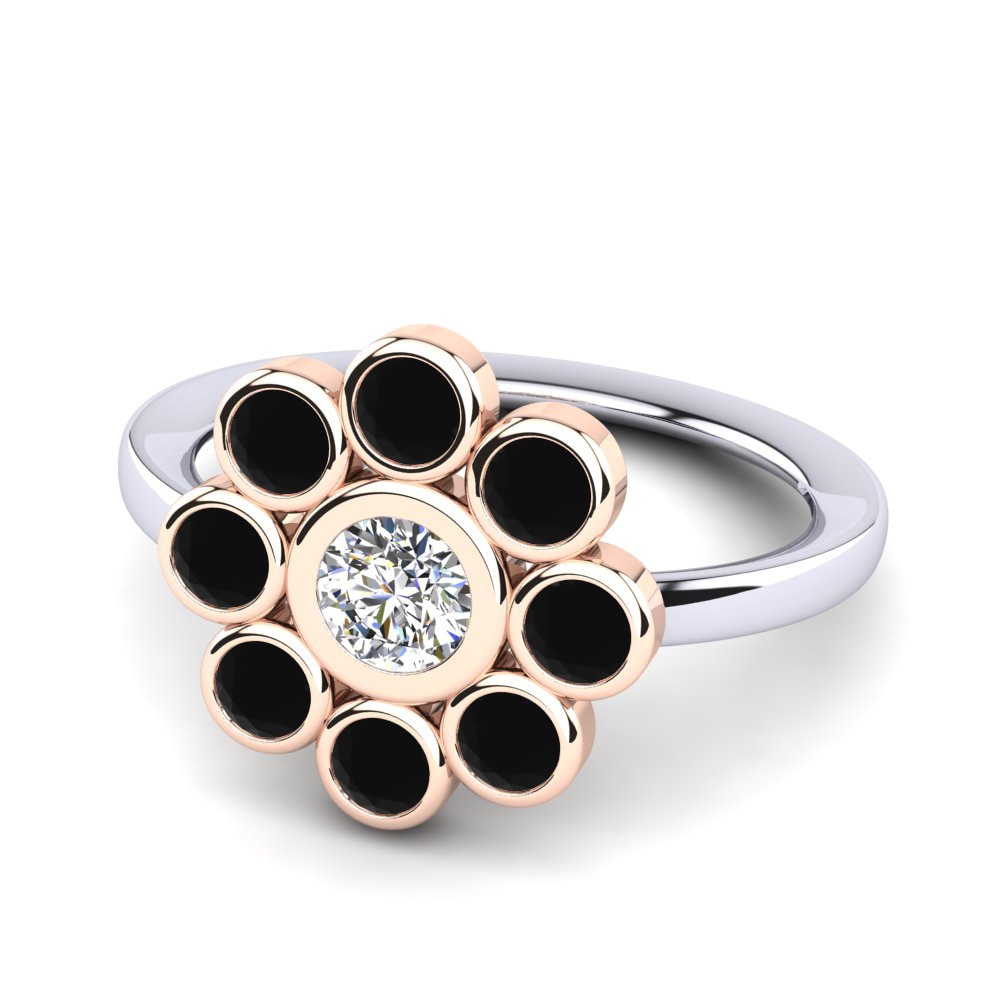 Nhẫn Vàng Trắng-Đỏ 18K Kim Cương Đen Flower