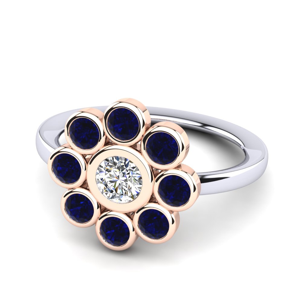 Nhẫn Vàng Trắng-Đỏ 18K Đá Zirconia Xanh Lam Flower