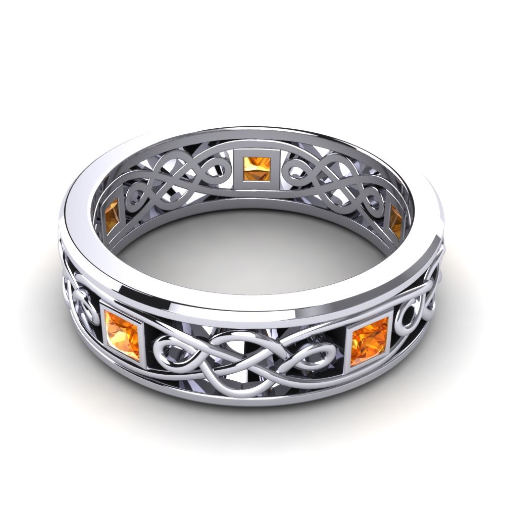 14k Oro Blanco Citrino Anillo de Hombre Heroic