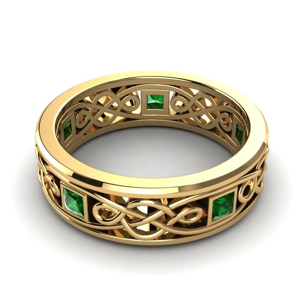 14k Oro Amarillo Circonita Verde Anillo de Hombre Heroic