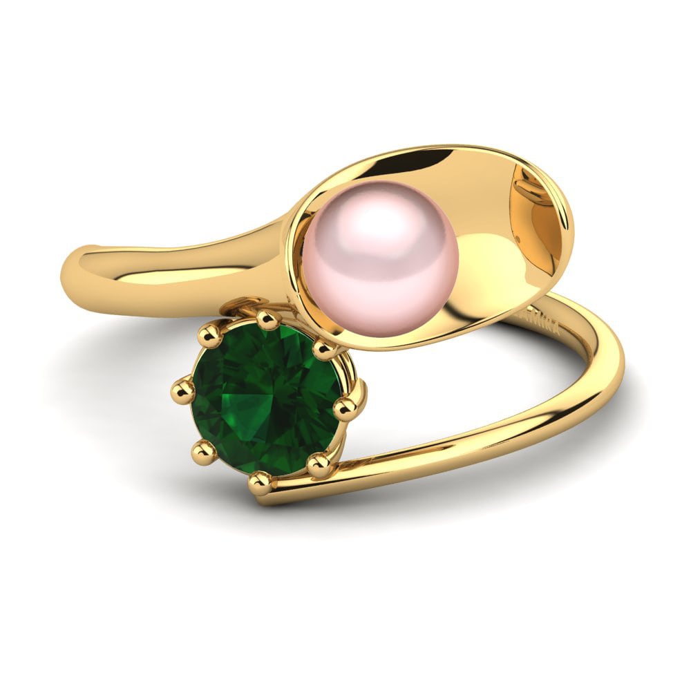 Bagues Or Jaune 18k Émeraude (créée en laboratoire) Perles