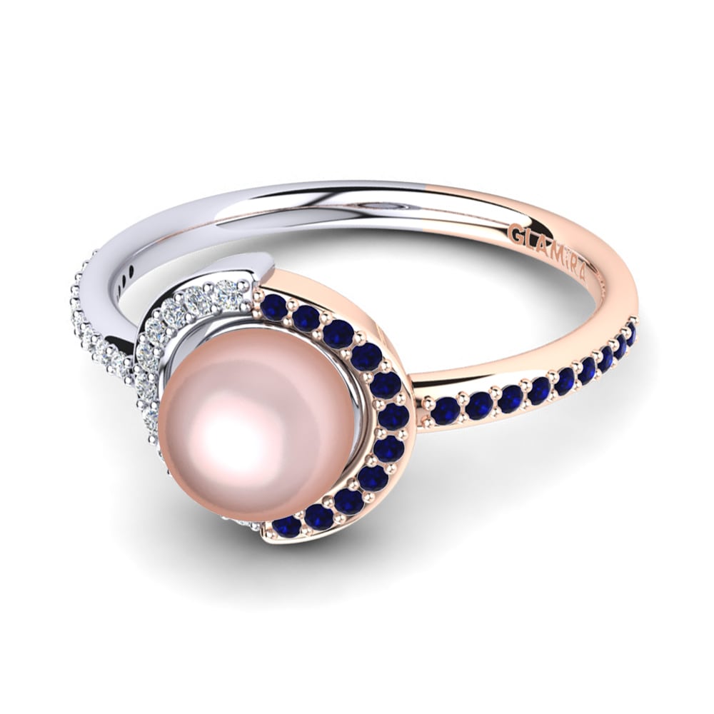 Bagues Or Rose& Blanc 18k Zircone Bleu Foncé Perles