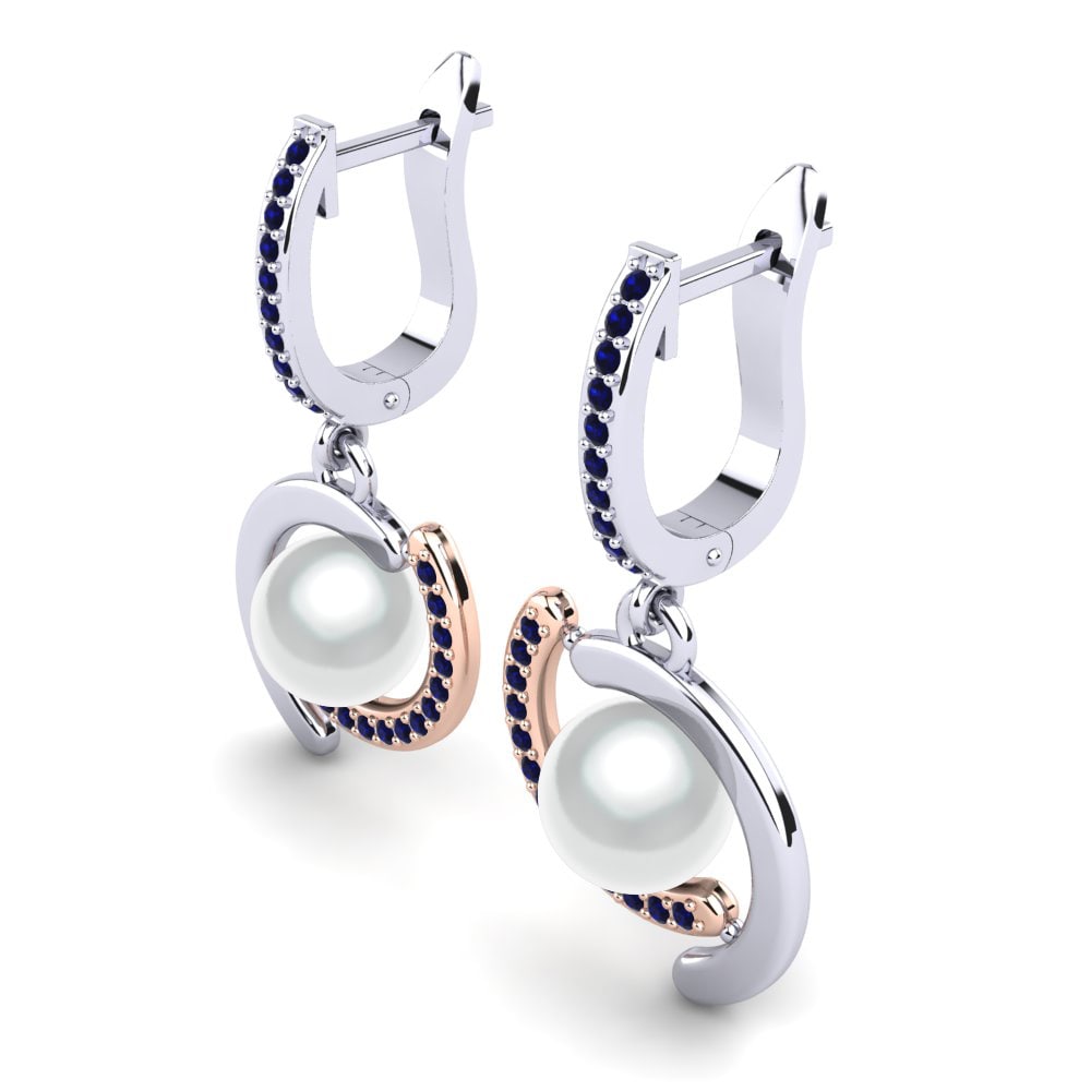 9ct White & Rose Gold Dark Blue Zirconia Women's Earring Marsena Ø8 mm