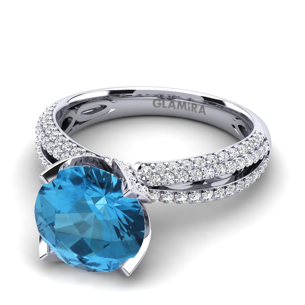 18k Oro Blanco Topacio azul Anillo de compromiso Queen 3.0 crt