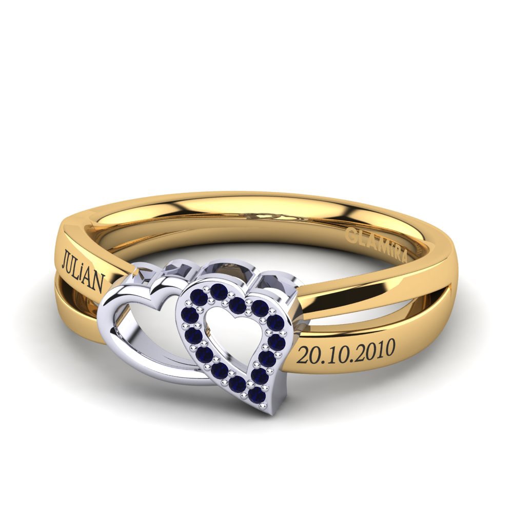 Bagues Or Jaune & Blanc 18k Zircone Bleu Foncé Initial & Name