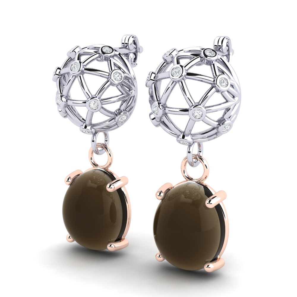 14ct White / Rose Gold Cabochon Smoky Topaz Women's Earring Abdely