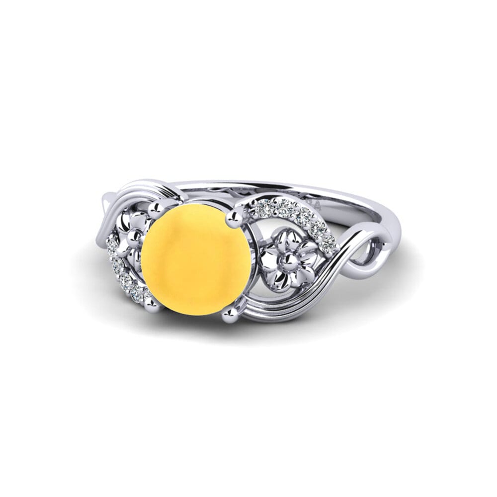 18k Oro Blanco Citrino Cabujón Anillo de compromiso Acrog - Cabochon Round