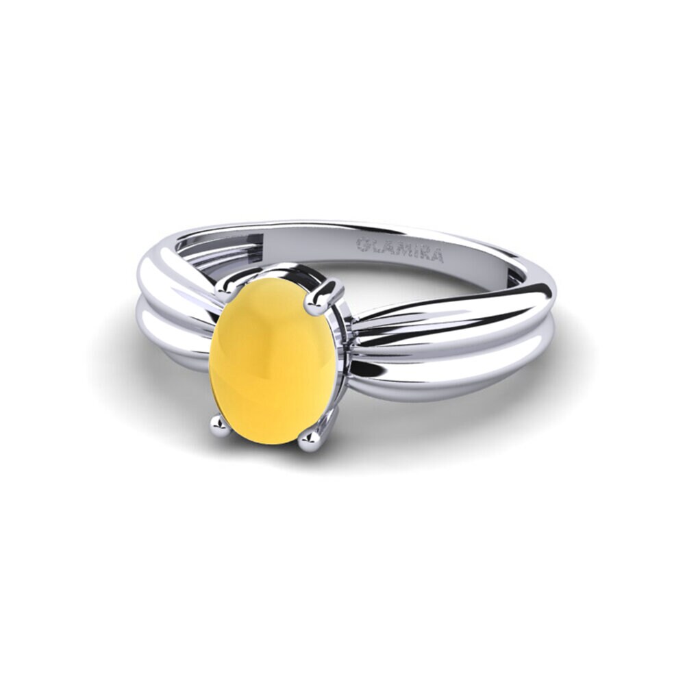 18k Oro Blanco Citrino Cabujón Anillo de compromiso Aduc - Cabochon Oval