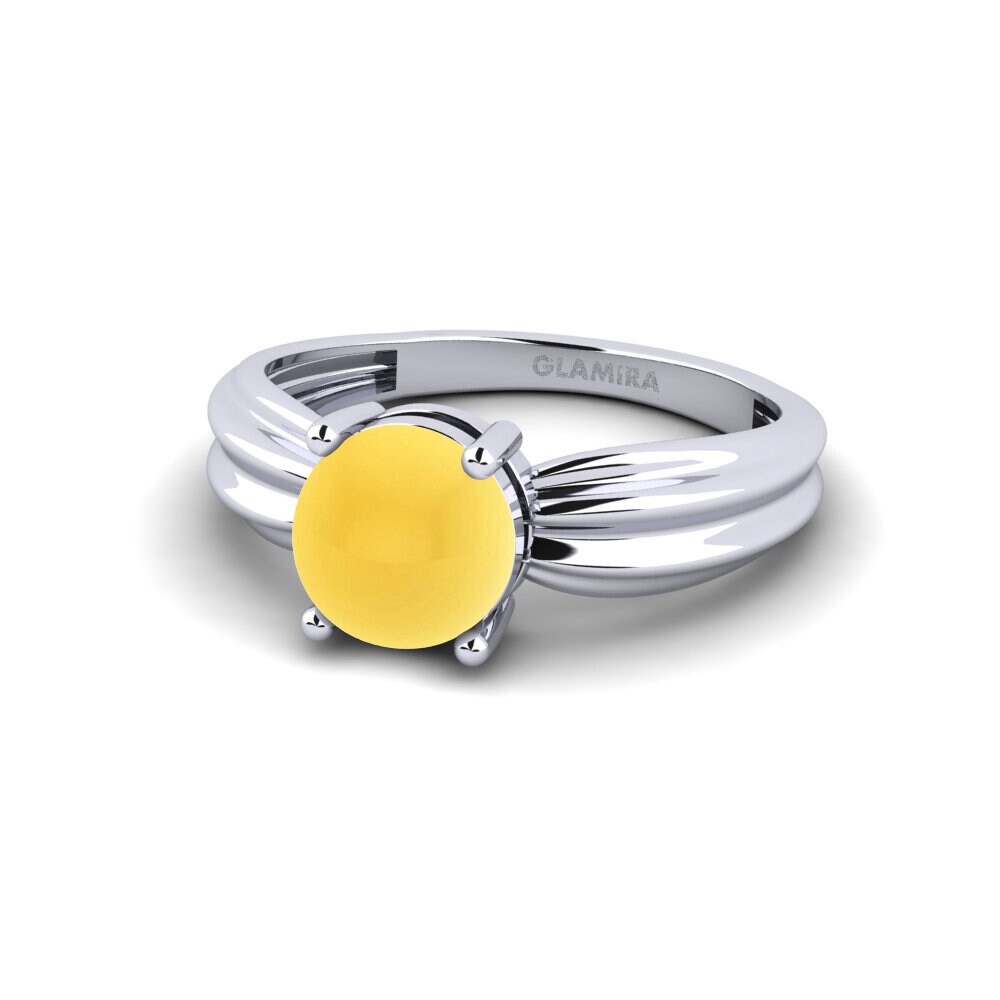18k Oro Blanco Citrino Cabujón Anillo de compromiso Aduc - Cabochon Round