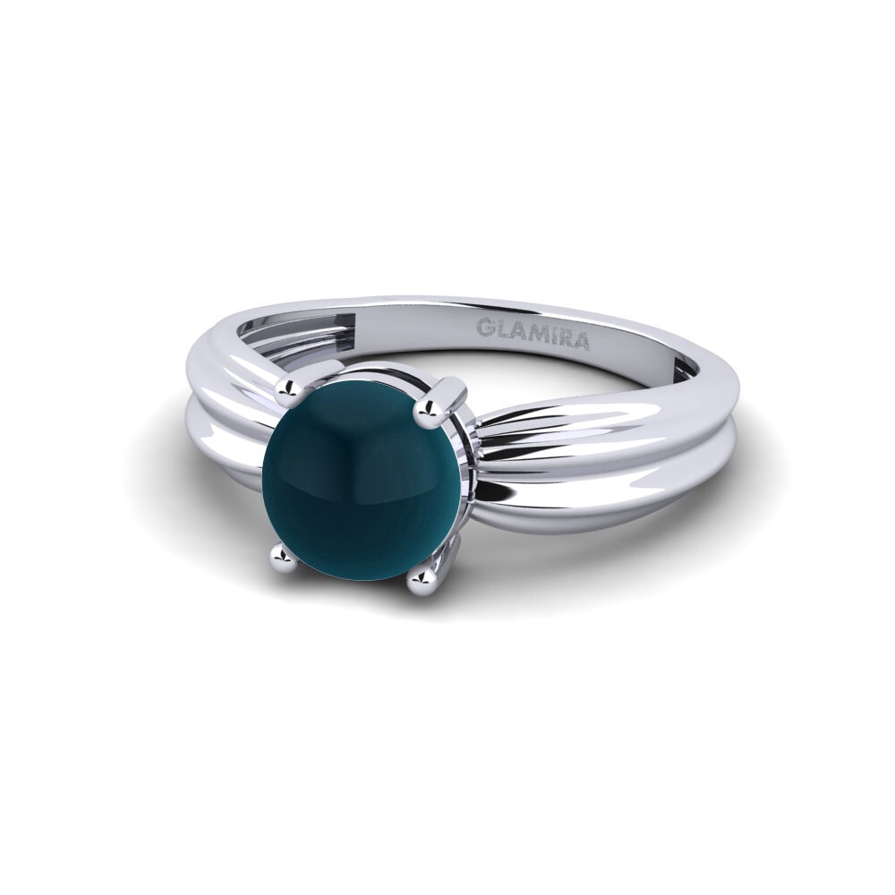 14k Oro Blanco Topacio Azul Londres Cabujón Anillo de compromiso Aduc - Cabochon Round