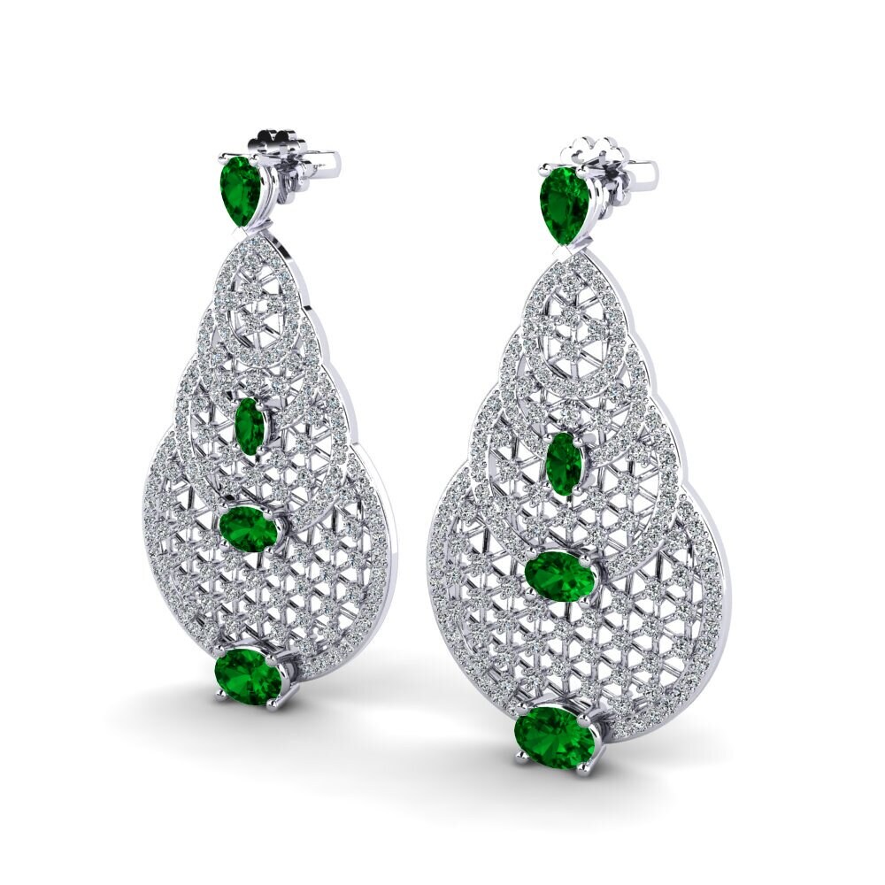 18k Oro Blanco Circonita Verde Pendiente de mujer Akaneta