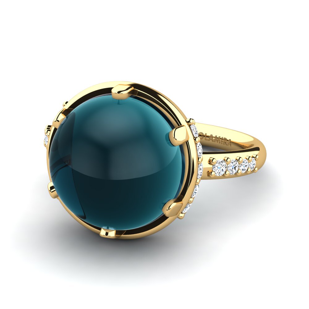 14K Geel Goud Cabochon Blauwe London Topaas Ringen Alaricia