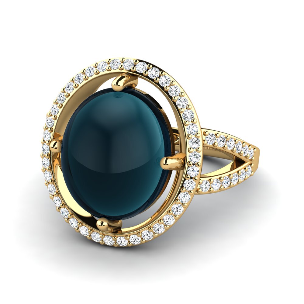 14K Geel Goud Cabochon Blauwe London Topaas Ringen Alasdair