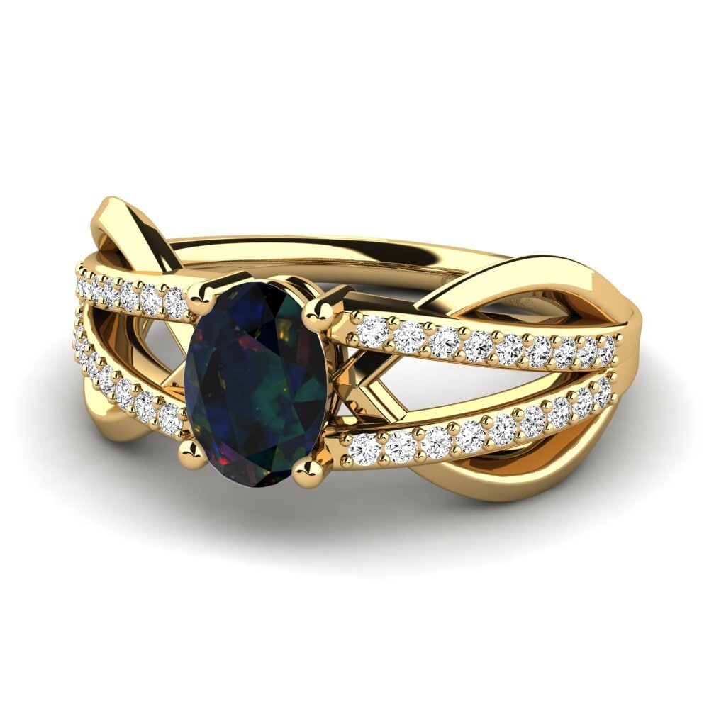 18k Oro Amarillo Opalo Negro Anillo de compromiso Aldabella
