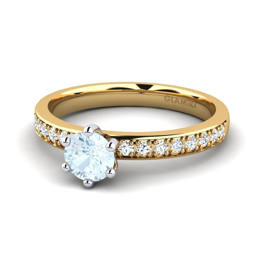 Solitaire Pave Aquamarine 14ct Yellow & White Gold Coloured Engagement Rings