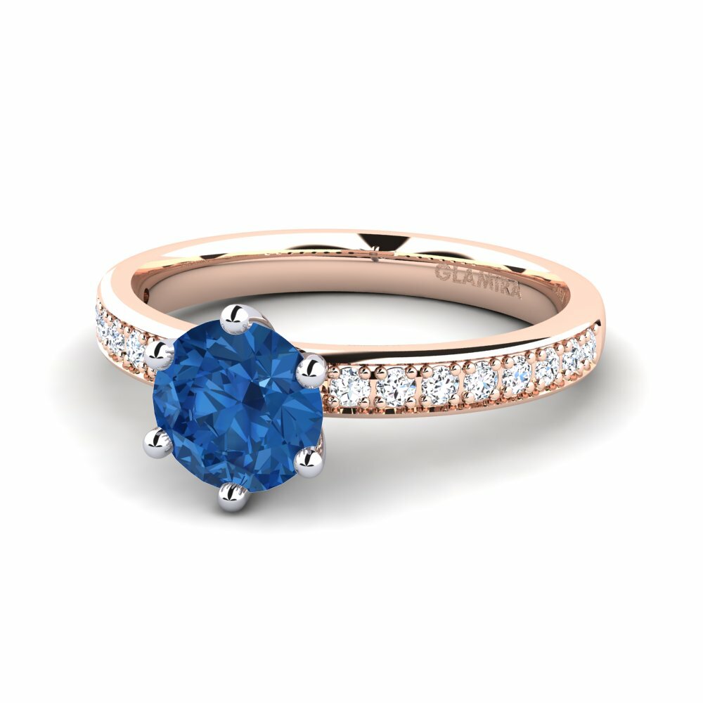 Bagues Or Rose& Blanc 18k Zircone Bleu Foncé Solitaire Pavé