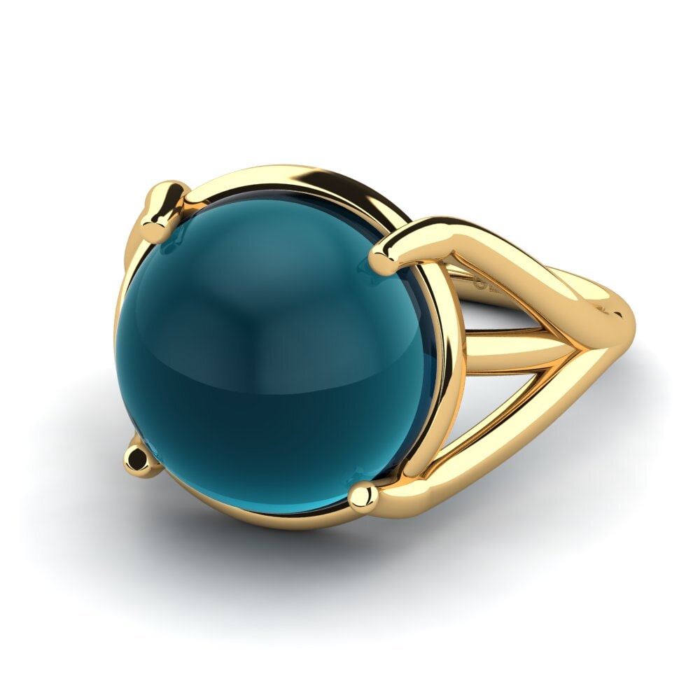 14K Geel Goud Cabochon Blauwe London Topaas Ringen Amaleta