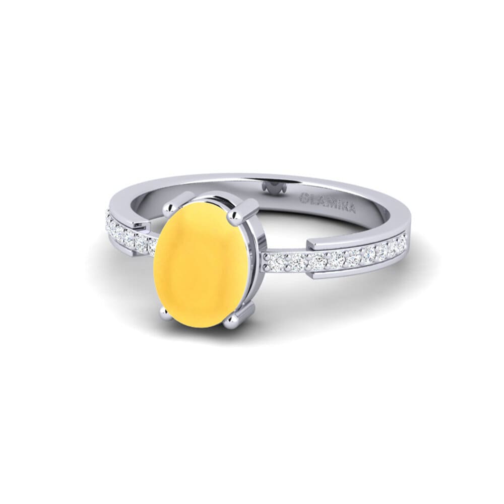 18k Oro Blanco Citrino Cabujón Anillo de compromiso Anegy - Cabochon Oval