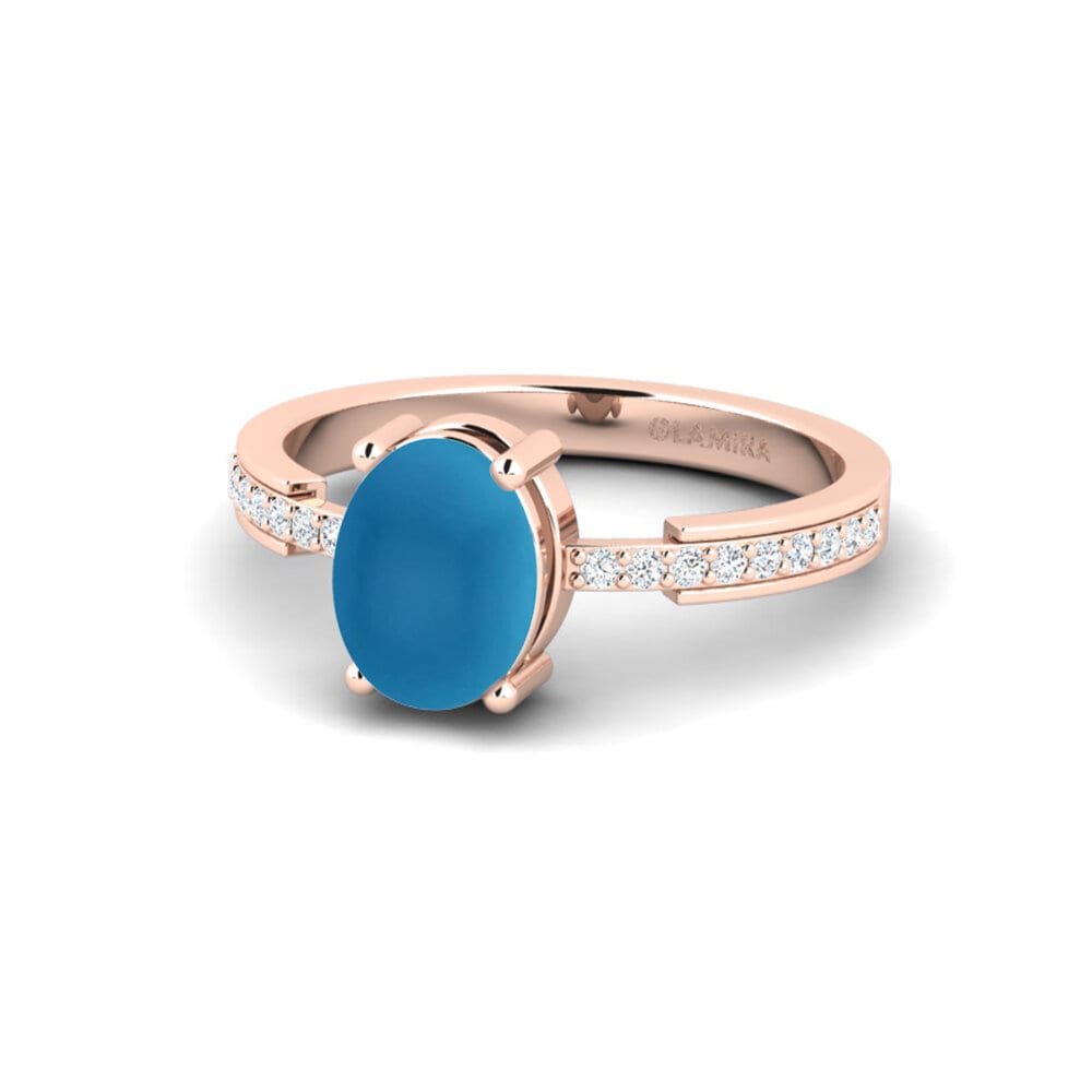 14k 玫瑰金 卡博雄藍色托帕石 訂婚戒指 Anegy - Cabochon Oval