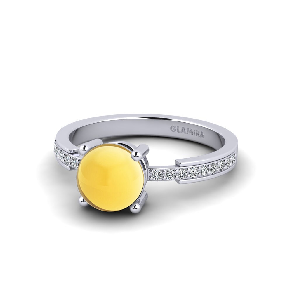 18k Oro Blanco Citrino Cabujón Anillo de compromiso Anegy - Cabochon Round