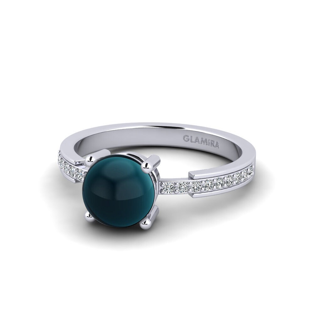 14k Oro Blanco Topacio Azul Londres Cabujón Anillo de compromiso Anegy - Cabochon Round