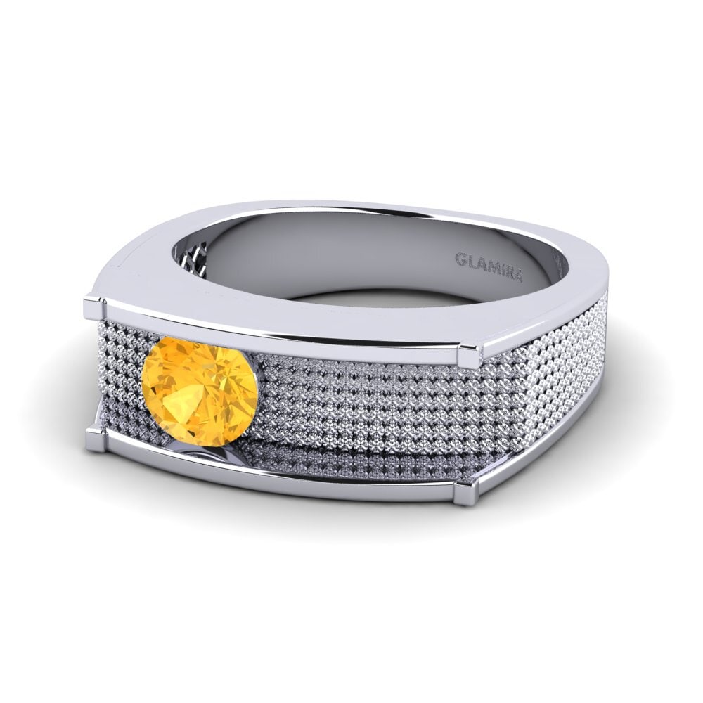 14k Oro Blanco Citrino Anillo de Hombre Aquil