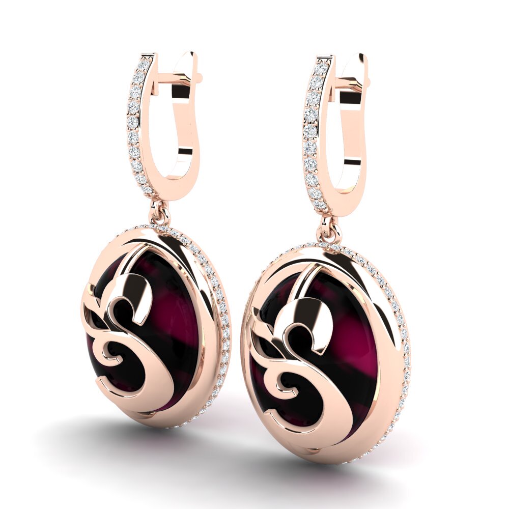 18k Oro Rosa Granate Rhodolite Cabujón Pendiente de mujer Bazilla