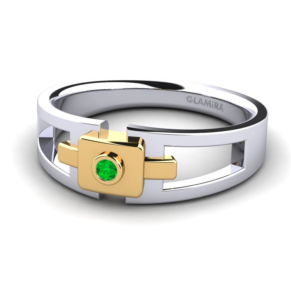 14k Oro Blanco & Amarillo Esmeralda Anillo de Hombre Beamard