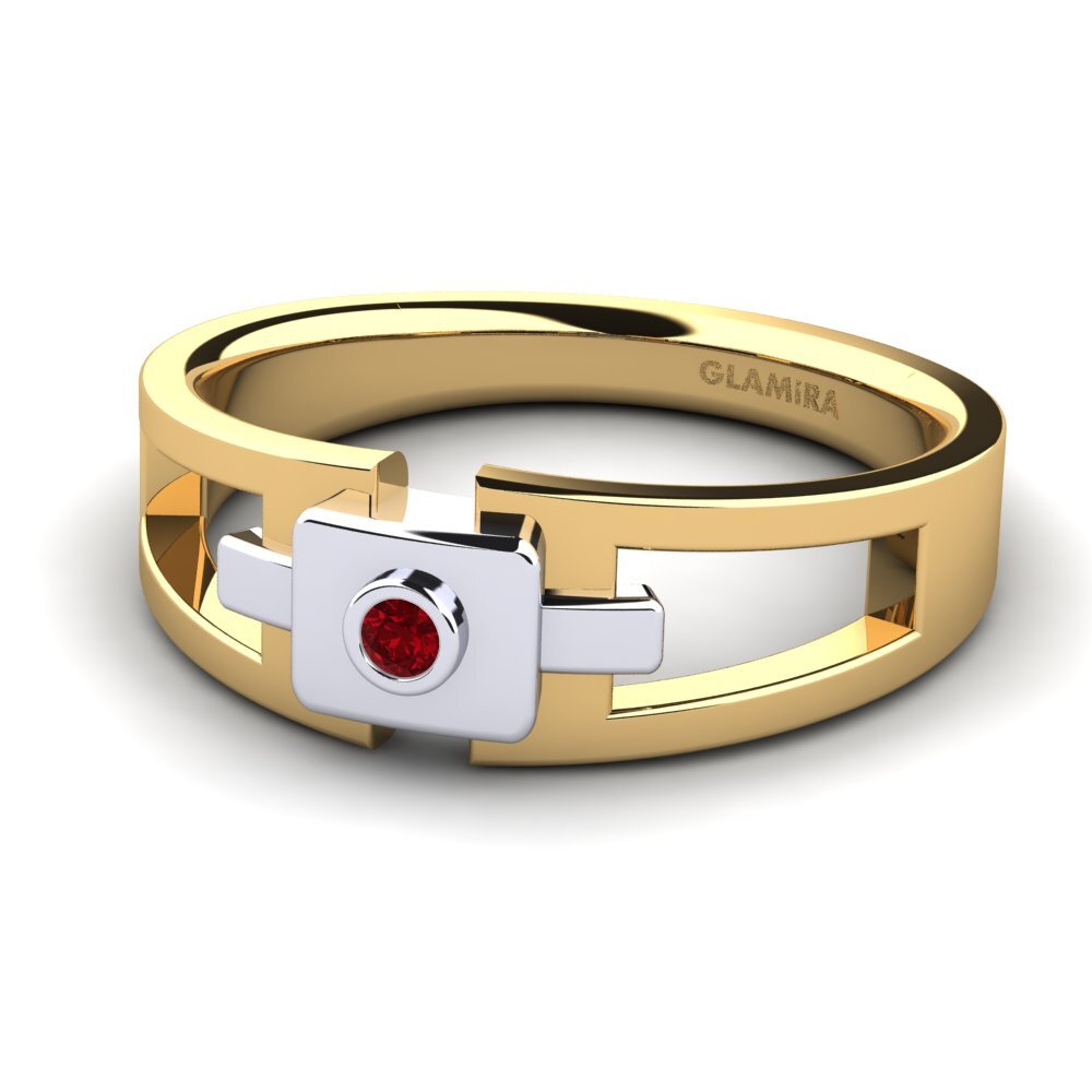 Oro Giallo & Bianco 750 Zircone Rosso Anello da uomo Beamard