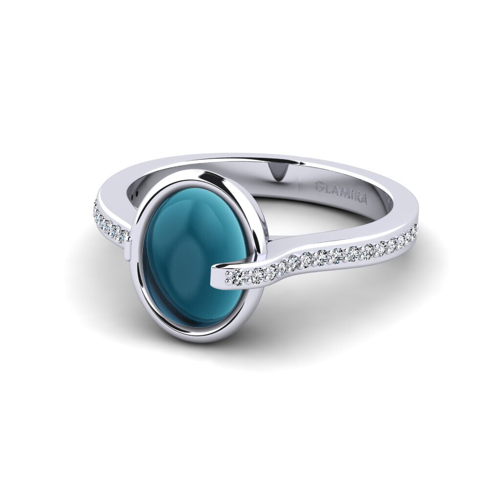 14k Oro Blanco Cabochon Oval Topacio azul de Londres (Creado en Laboratorio) Anillo Belial